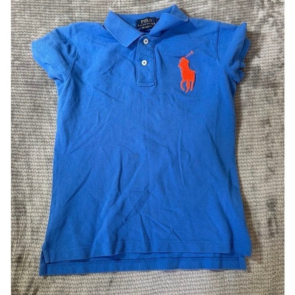 Polo Ralph Lauren The Skinny Polo Blue Orange Big Pony Cotton Mesh Shirt M